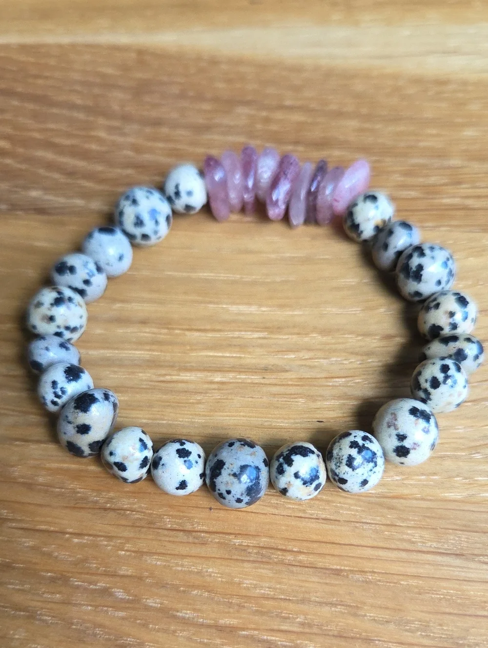 Dalmatian Jasper & Strawberry Quartz Beaded Stretch Bracelet | Handmade